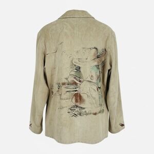 Chicos Leather Jacket Suede Western Southwest Art Tan Size 2 (large)